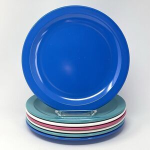 TEXAS WARE #139 MELAMINE Dinner Picnic Plate 10” Set Of 7 Pink Blue White Teal